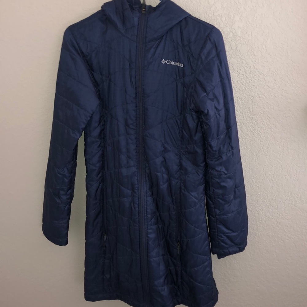 navy blue long columbia jacket